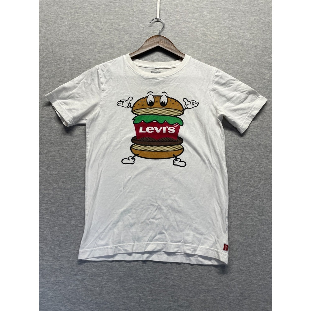 Levi's T Shirt Boys Large White Cartoon Hamburger Graphic Logo Cotton Crew Neck